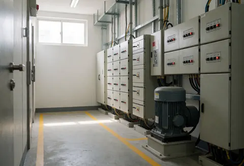 Vue de la salle des machines d'un ascenseur montrant les panneaux électriques, le moteur et les lignes jaunes, éclairée par la lumière naturelle d'une fenêtre, dans un environnement professionnel et ordonné.
