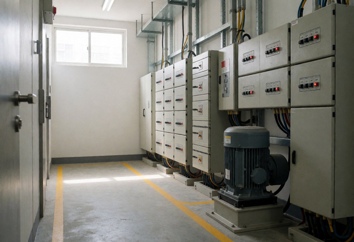 Vue de la salle des machines d'un ascenseur montrant les panneaux électriques, le moteur et les lignes jaunes, éclairée par la lumière naturelle d'une fenêtre, dans un environnement professionnel et ordonné.
