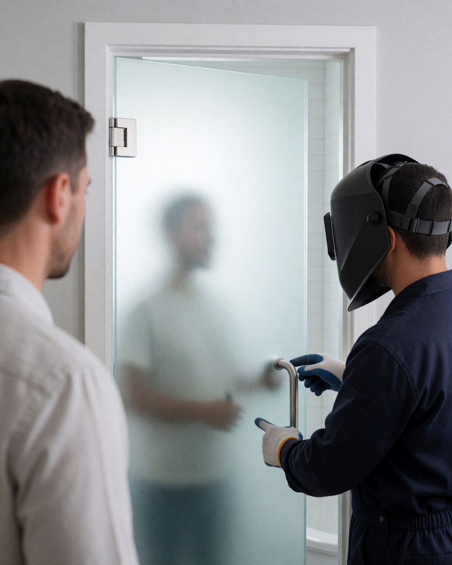 Un installateur de verre avec un casque de soudeur montre une porte en verre opaque à un client dans une salle de bain moderne aux murs gris clair.