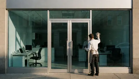 Un ouvrier essuie des portes vitrées sur une façade moderne au coucher du soleil, avec des reflets de bureaux visibles.