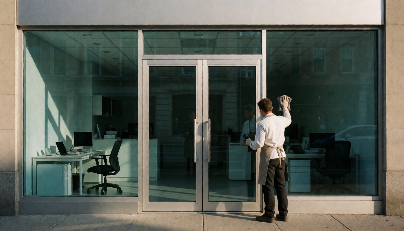 Un ouvrier essuie des portes vitrées sur une façade moderne au coucher du soleil, avec des reflets de bureaux visibles.