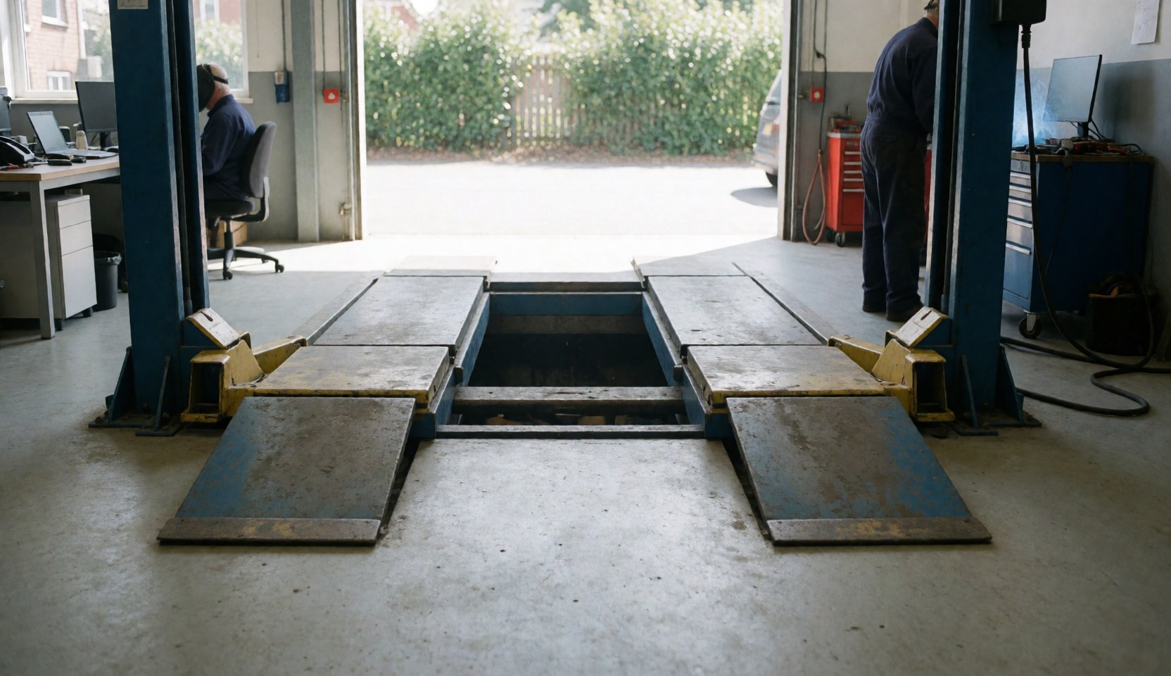 Plateforme hydraulique dans un atelier de réparation de pneus avec éclairage naturel et sol en béton, montrant l'espace de travail.