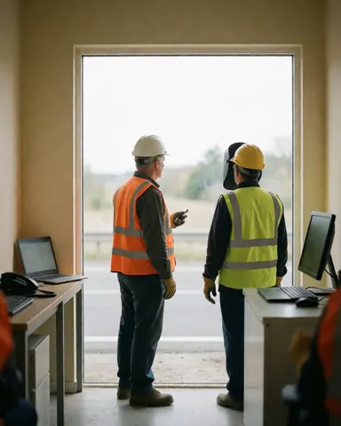 Deux hommes portant des casques et des gilets réfléchissants observent une route depuis un bureau de chantier équipé de bureaux et d'ordinateurs.