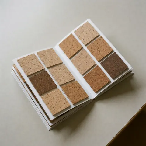 Échantillonneur de liège ouvert posé sur une table neutre, révélant des tons naturels et une texture visible, idéal pour les professionnels du sol.