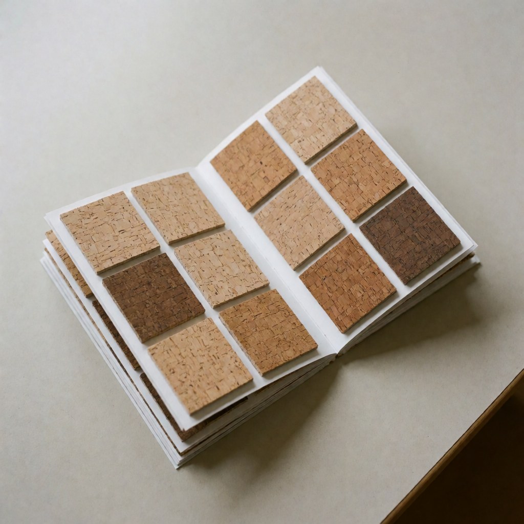 Échantillonneur de liège ouvert posé sur une table neutre, révélant des tons naturels et une texture visible, idéal pour les professionnels du sol.