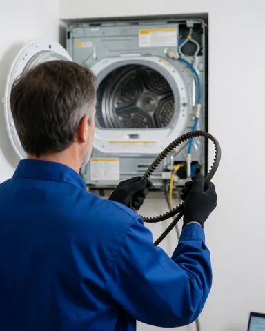 Un technicien en uniforme bleu et gants noirs tient une courroie de transmission devant un sèche-linge ouvert dans un atelier propre.