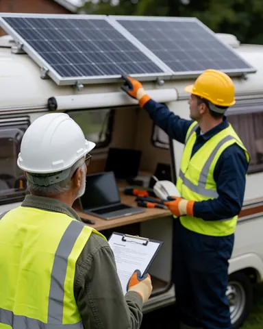 Un mécanicien en casque et gilet de sécurité pose des panneaux solaires sur le toit d'un camping-car pendant qu'un client vérifie le travail avec un porte-documents.