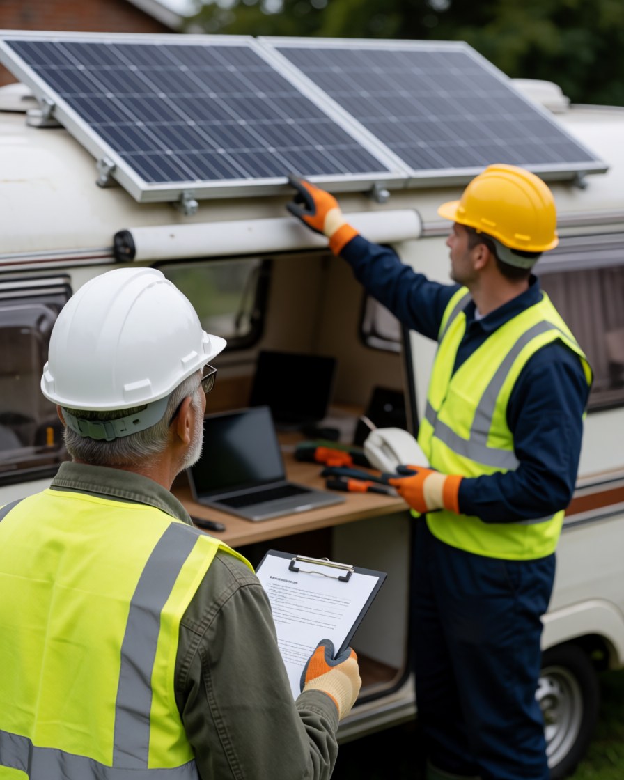 Un mécanicien en casque et gilet de sécurité pose des panneaux solaires sur le toit d'un camping-car pendant qu'un client vérifie le travail avec un porte-documents.