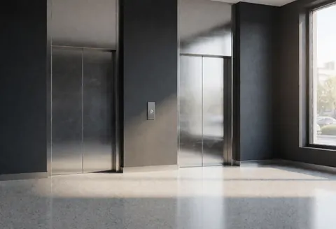 Hall de bureaux moderne avec deux ascenseurs en acier inoxydable, murs gris anthracite et sol en terrazzo poli, éclairé par la lumière naturelle.