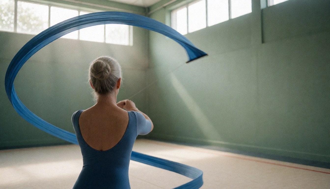 Gymnaste tenant un ruban bleu dans un gymnase aux murs verts et à la lumière naturelle, idéal pour illustrer un service de cours de gymnastique en action.