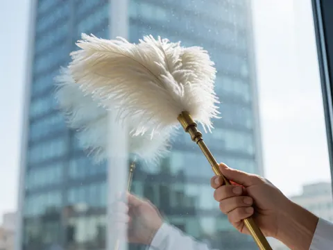 Gros plan d'une main tenant un pinceau à plumes blanches en train de nettoyer une vitre de bureau avec un bâtiment moderne en arrière-plan.