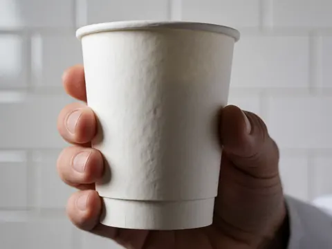 Main tenant une tasse de café blanche avec texture visible sur fond de murs carrelés blancs, détail de produit pour cafétéria.