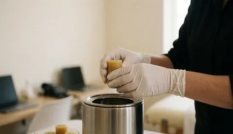 Des mains portant des gants blancs placent une bougie en cire d'abeille sur un réchaud en acier inoxydable dans un espace de soin aux murs blancs.