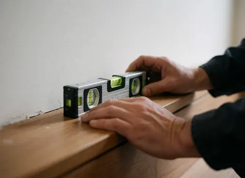 Mains d'un professionnel posant un niveau sur une nouvelle structure en bois, fond blanc, détail d'installation de sols.