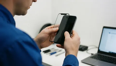 Un technicien en réparation électronique pose un protecteur d'écran sur un smartphone, entouré d'outils et d'un ordinateur portable sur une table de travail.