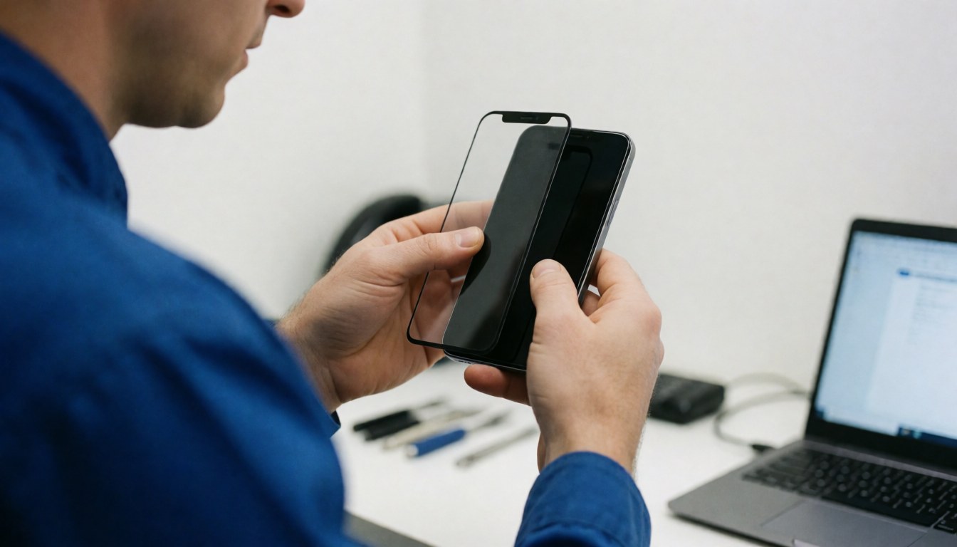 Un technicien en réparation électronique pose un protecteur d'écran sur un smartphone, entouré d'outils et d'un ordinateur portable sur une table de travail.