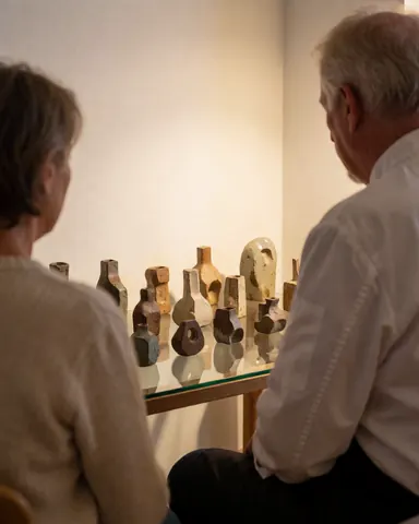 Une cliente regarde une collection de céramiques abstraites posées sur une table en verre dans un atelier aux murs blancs et à l'éclairage chaleureux.