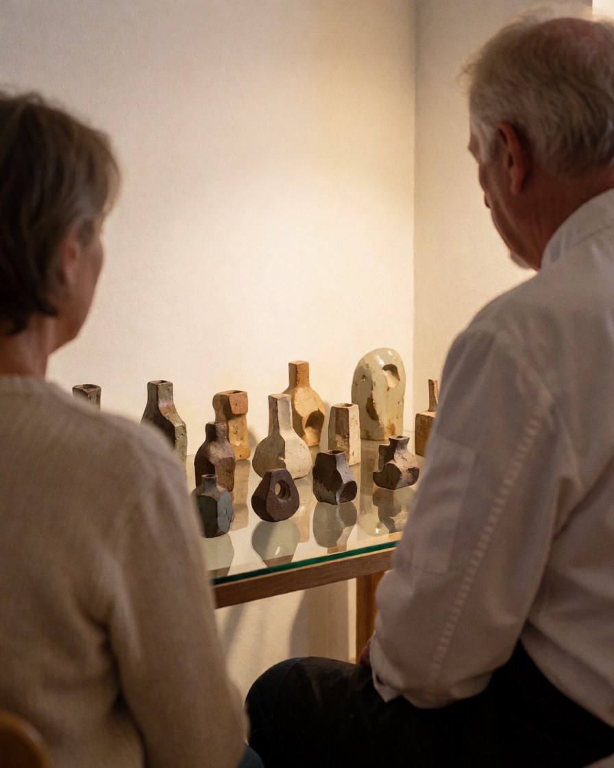 Une cliente regarde une collection de céramiques abstraites posées sur une table en verre dans un atelier aux murs blancs et à l'éclairage chaleureux.
