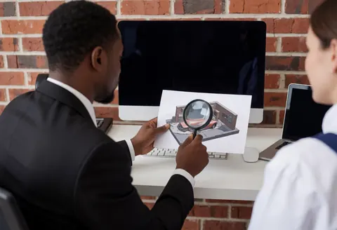 Un homme examine un modèle 3d d'accident avec une loupe dans un bureau moderne à murs de briques pour un client.