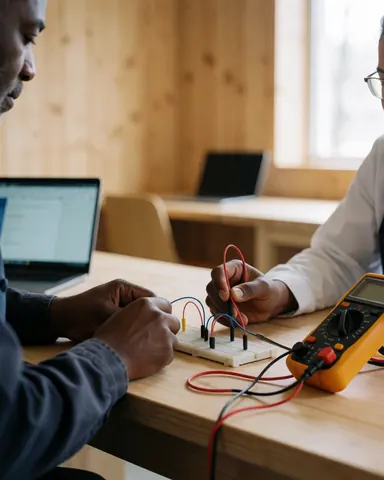 Deux étudiants mesurent un circuit imprimé en nid d'abeille avec un multimètre dans un atelier de robotique aux murs en bois et à la lumière naturelle.