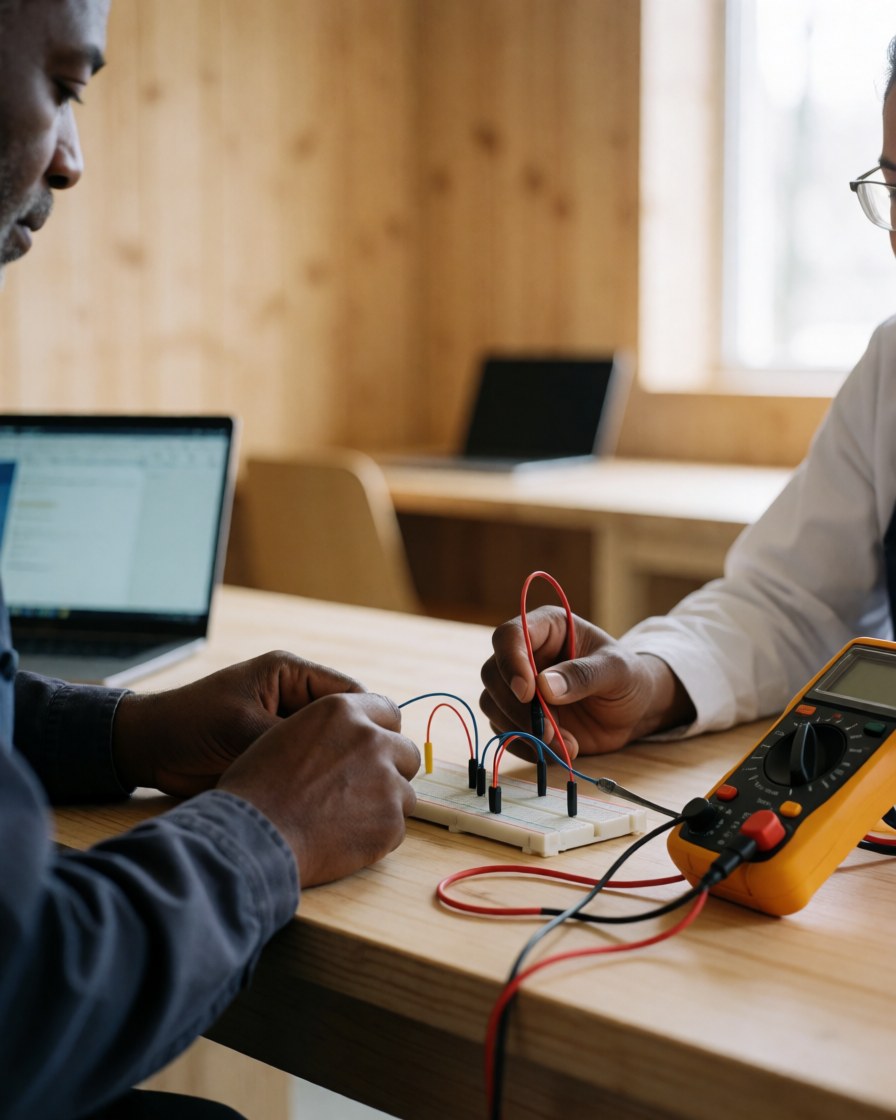 Deux étudiants mesurent un circuit imprimé en nid d'abeille avec un multimètre dans un atelier de robotique aux murs en bois et à la lumière naturelle.
