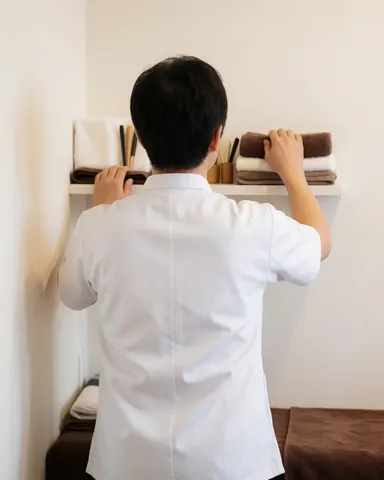 Vue arrière d'un professionnel de shiatsu organisant des serviettes et des outils dans un studio aux murs blancs chauds.