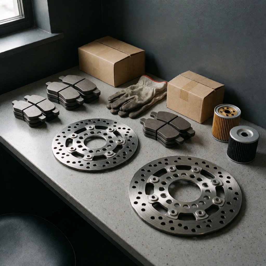 Pièces de rechange pour moto dont disques de frein, plaquettes et filtres posés sur une table grise dans un atelier éclairé par la lumière naturelle d'une fenêtre