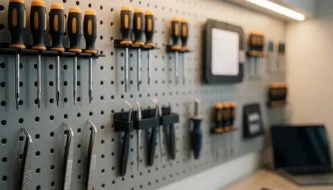 Mur de perçage avec tournevis et pinces, fond neutre pour réparation de téléphones en atelier technique