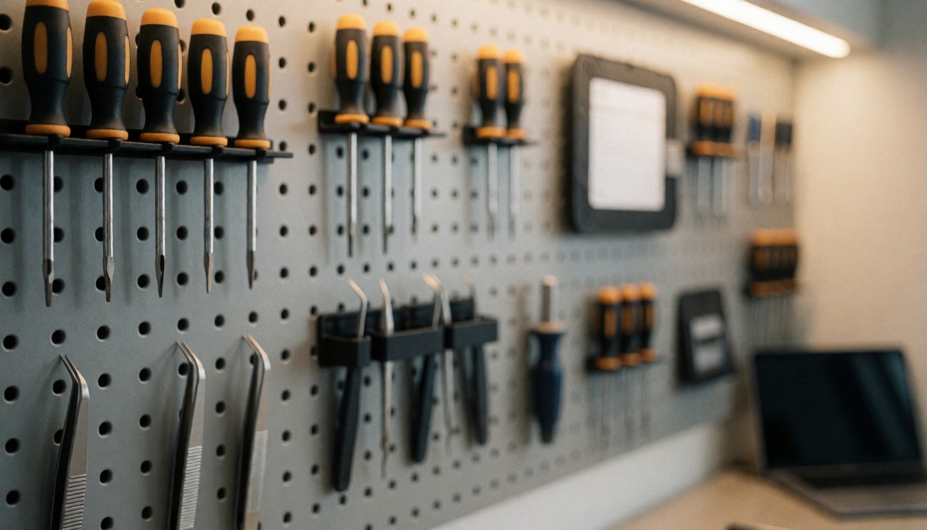 Mur de perçage avec tournevis et pinces, fond neutre pour réparation de téléphones en atelier technique