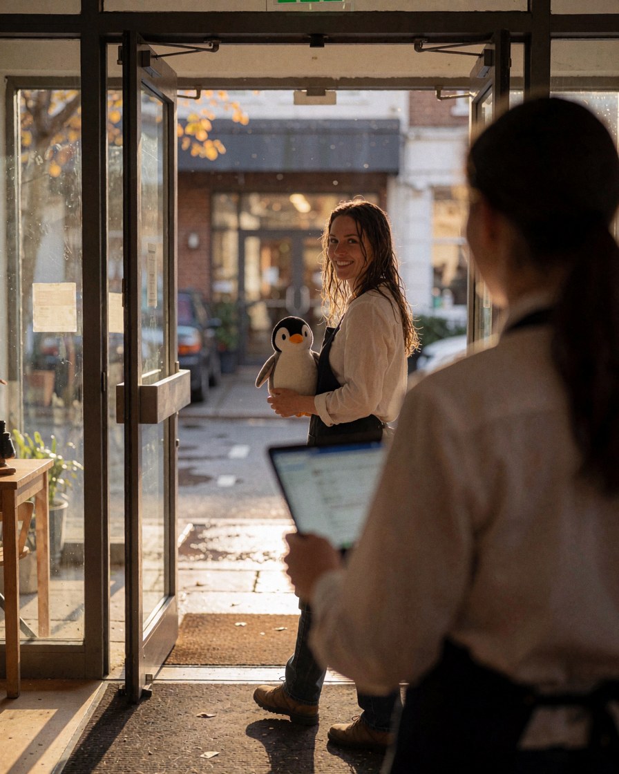 Vue arrière d'un employé avec un ordinateur portable, client heureux sortant d'un aquarium au coucher du soleil