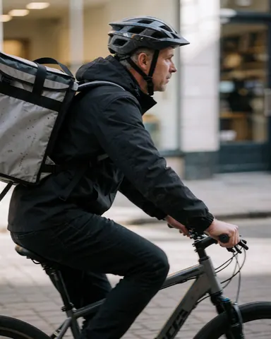Cycliste portant un casque et un sac isotherme effectuant une livraison en milieu urbain, illustrant le service de logistique de la dernière mile.