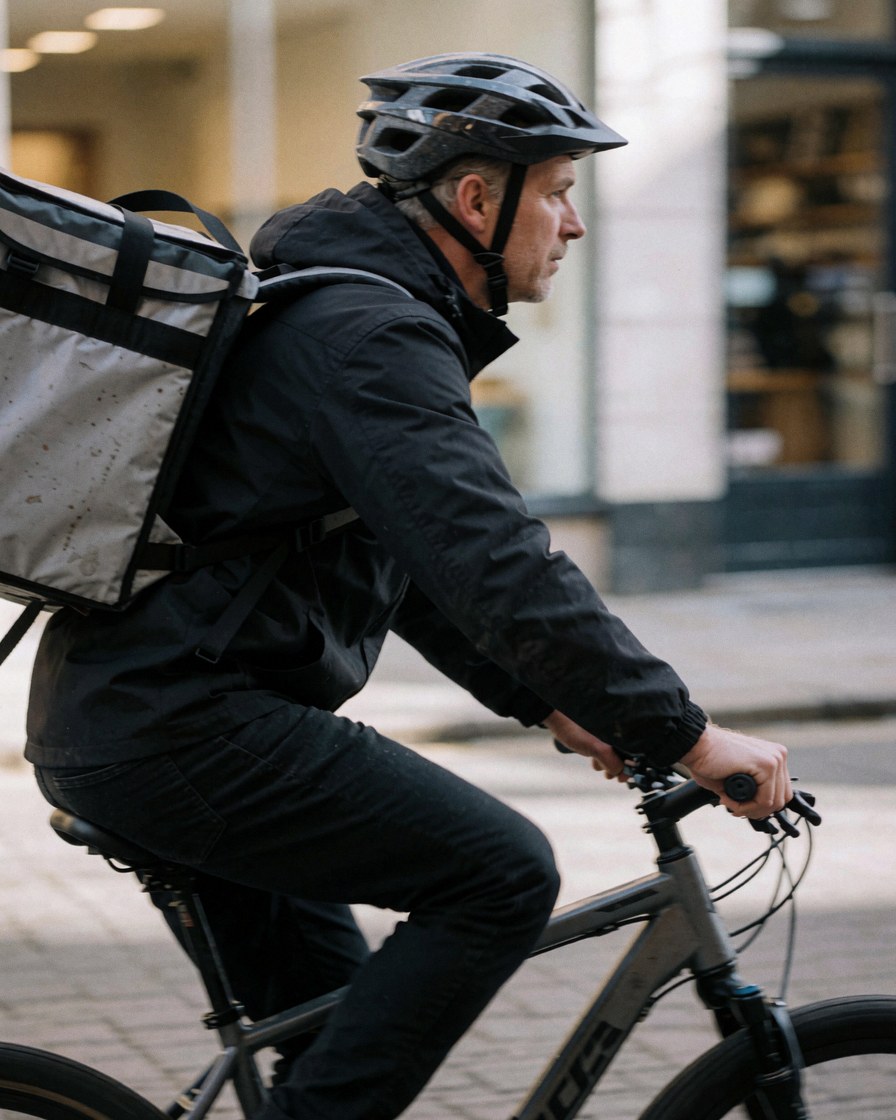 Cycliste portant un casque et un sac isotherme effectuant une livraison en milieu urbain, illustrant le service de logistique de la dernière mile.