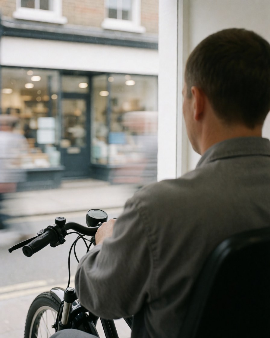 Vue arrière d'un conducteur de bicyclette-taxi avec guidon et roue avant visibles sur une rue urbaine avec des façades floues en arrière-plan