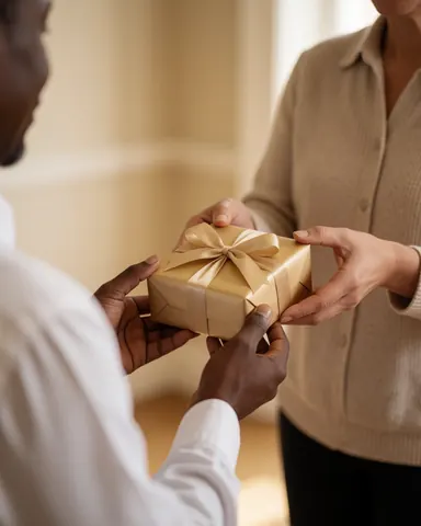 Une main remet une boîte cadeau enveloppée de papier doré à une cliente dans un intérieur aux murs beige et à la lumière chaude.
