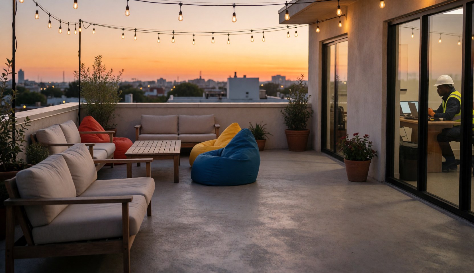 Terrasse équipée de chaises en bois, coussins et guirlandes lumineuses, offrant une vue imprenable sur le ciel au moment du coucher du soleil.