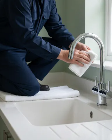 Un plombier en uniforme bleu nettoie un robinet chromé neuf avec une serviette blanche dans une cuisine moderne aux murs verts.