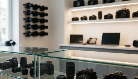 Fond de magasin de photographie avec appareils photo et objectifs exposés dans des vitrines en verre et des étagères éclairées, idéal pour ajouter du texte.