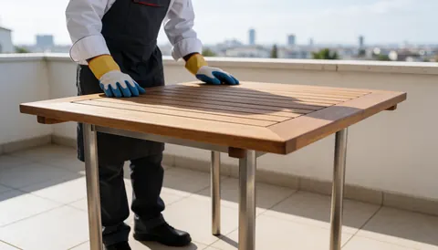 Table de jardin en bois avec pieds métalliques sur un balcon, une personne la règle avec des gants.