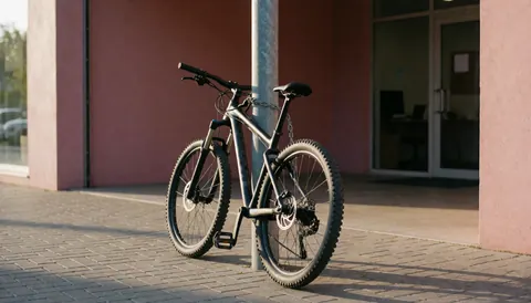 Vélo de montagne attaché avec une chaîne épaisse à un poteau métallique devant un bâtiment à mur rose, idéal pour un site web d'entraîneur de VTT.
