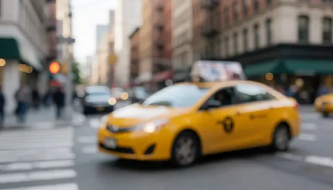 Vue arrière-plan urbain floue avec un taxi jaune en mouvement, des bâtiments et des piétons indistincts, adapté pour illustrer les services de transport.