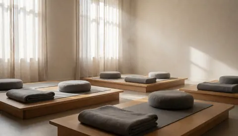 Salle de yoga minimaliste équipée de plateformes en bois, de coussins ronds et de couvertures grises, baignée d'une lumière douce provenant d'une fenêtre.