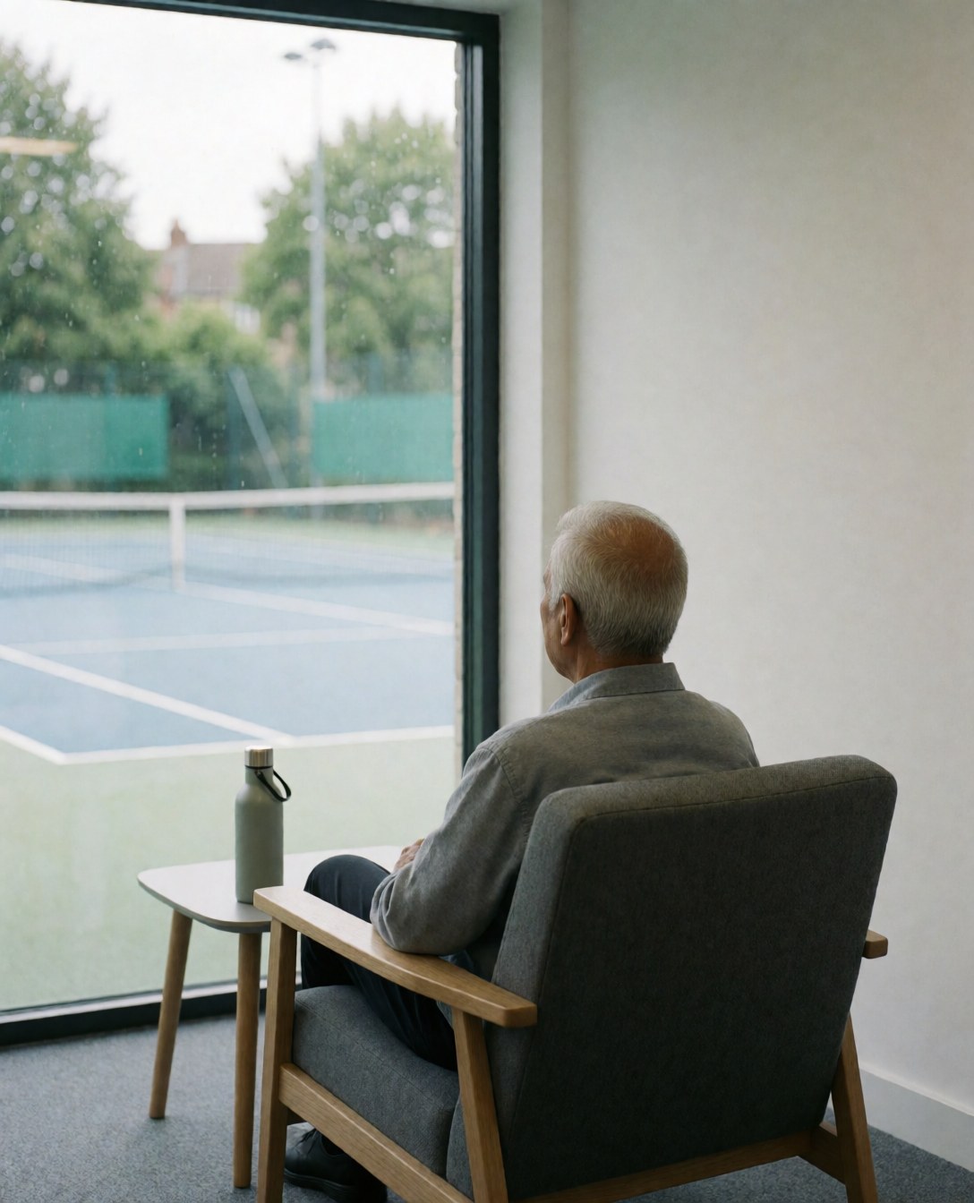 Un homme observe un court de tennis depuis une chaise moderne près d'une grande fenêtre, avec une bouteille d'eau sur une table, dans un cadre professionnel et calme.