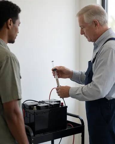 Un technicien en tablier utilise un hydromètre pour vérifier le niveau d'acide d'une batterie pendant qu'un client observe dans un atelier de réparation.