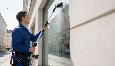 Un ouvrier en uniforme bleu et harnais de sécurité nettoie une vitre de bâtiment en hauteur à l'aide d'une perche télescopique dans un cadre urbain.