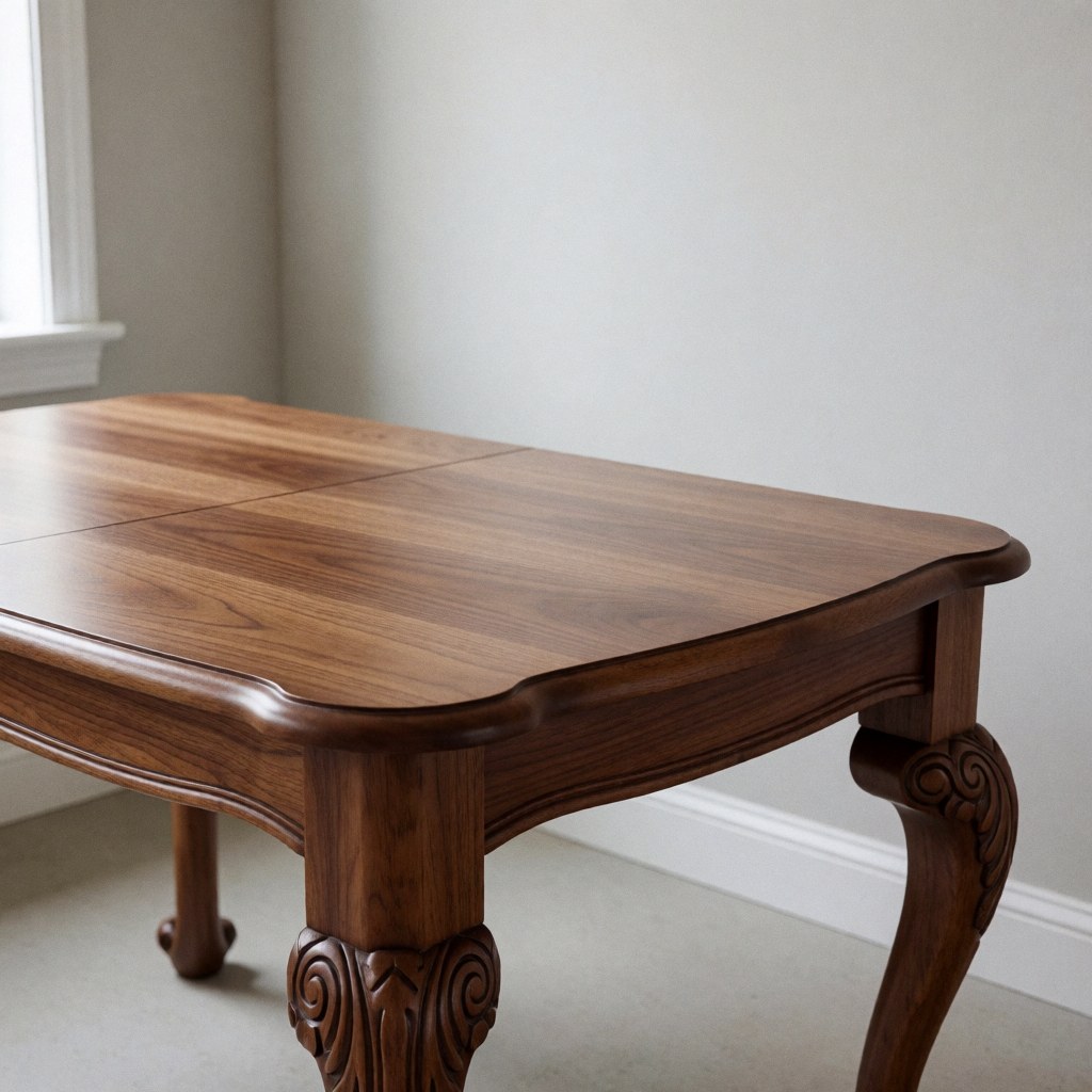 Table en bois sculpté avec des pieds courbes et une surface polie, dans une pièce aux murs gris et à la lumière naturelle, idéale pour un commerce de meubles.