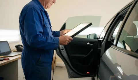 Un technicien en combinaison bleue examine une portière automobile avec une lampe d'inspection dans un atelier propre et professionnel.
