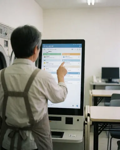 Une cliente portant un tablier utilise un écran tactile sur un kiosque numérique au sein d'une laverie propre et ordonnée avec des machines en arrière-plan.