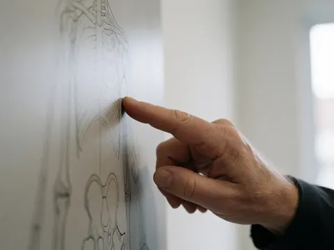 Une main adulte indique un os spécifique sur un diagramme anatomique affiché sur un mur blanc, utile pour un contexte éducatif en zoo.