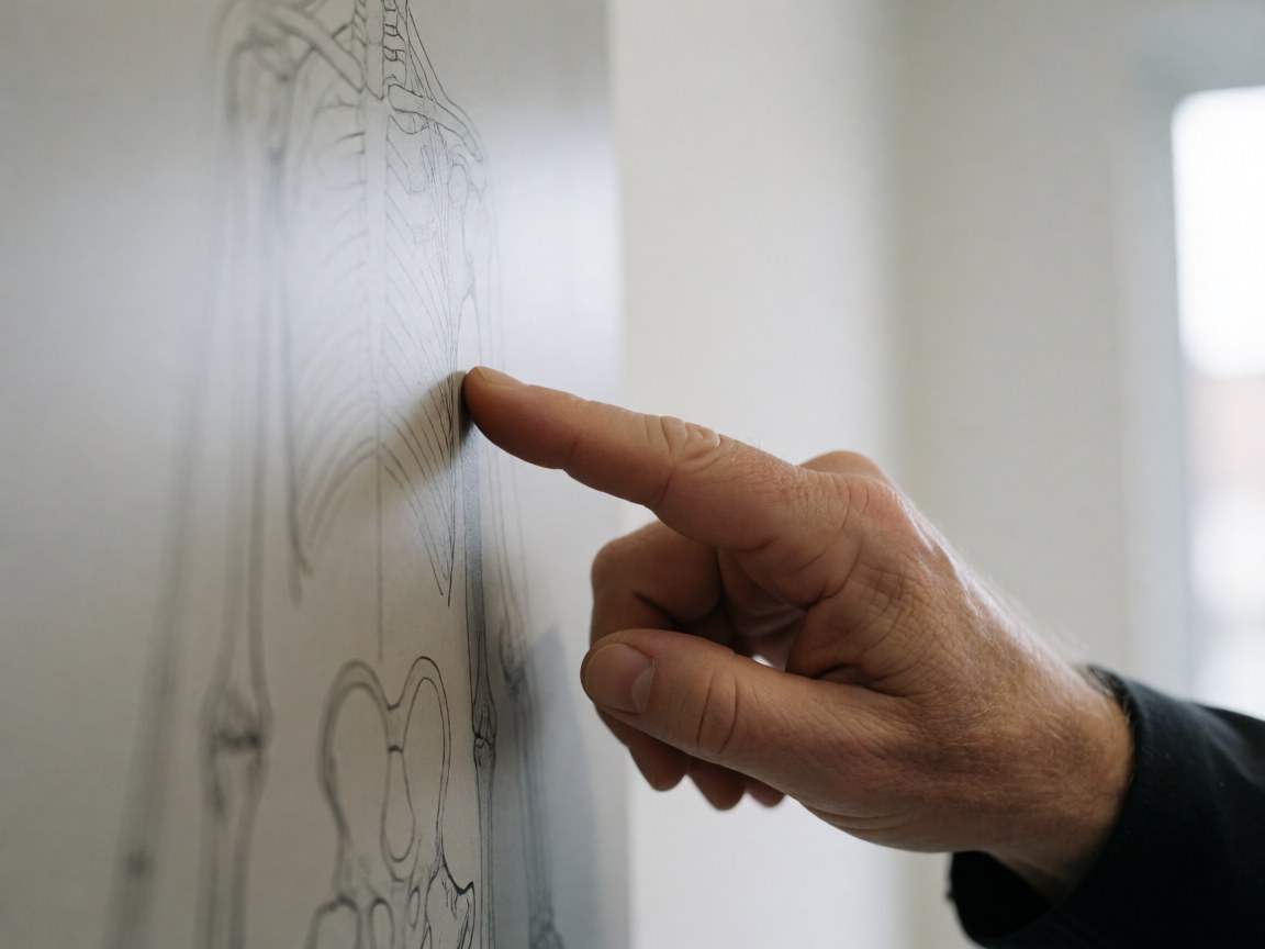 Une main adulte indique un os spécifique sur un diagramme anatomique affiché sur un mur blanc, utile pour un contexte éducatif en zoo.