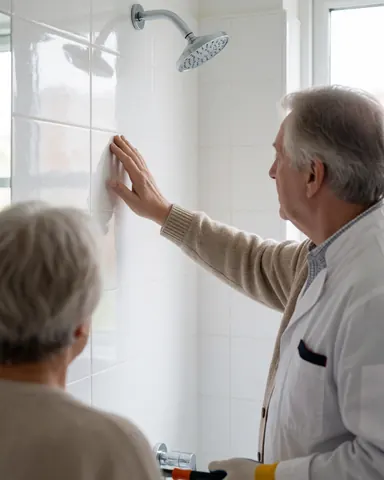 Un installateur examine le mur carrelé d'une salle de bain neuve avec un client. On distingue un robinet chromé et des carreaux blancs brillants.